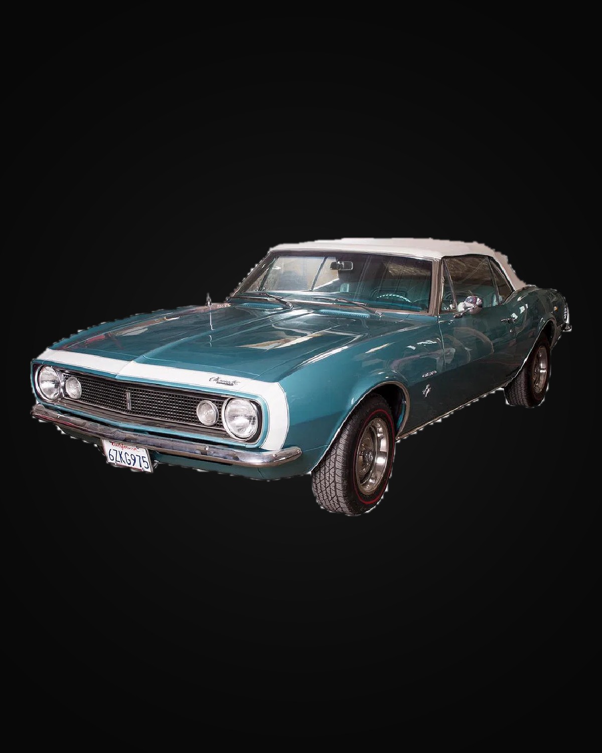 A turquoise first-generation Chevrolet Camaro convertible