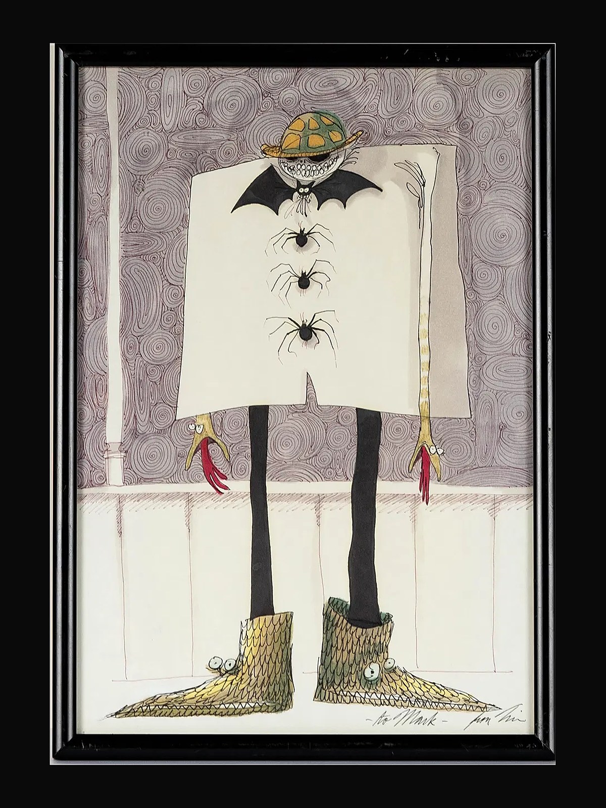 A framed pen and watercolour drawing of a long-legged figure in a bat collar and scaled boots, inscribed to Mark