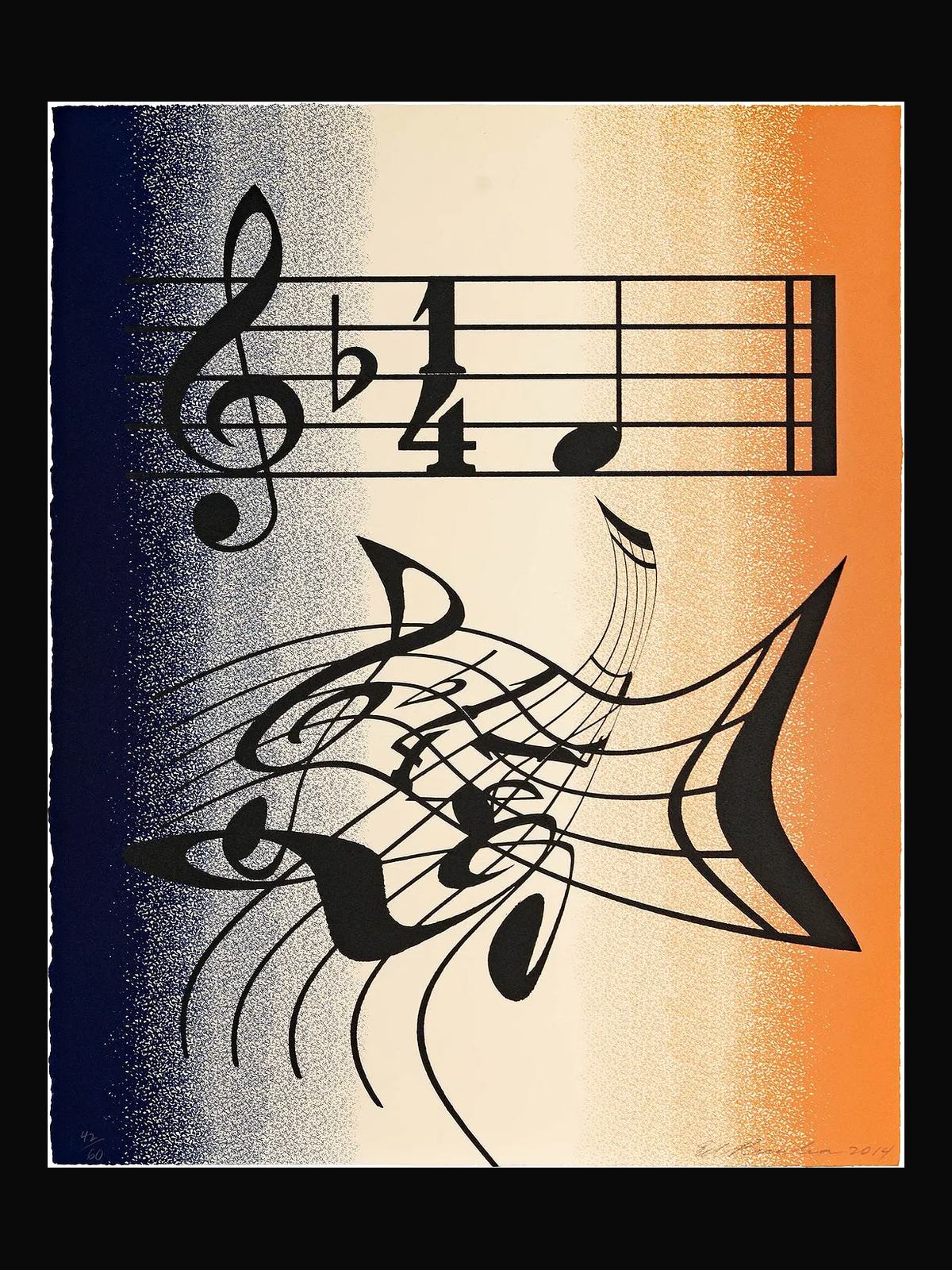 A signed print of musical notation over a blue-to-orange ground