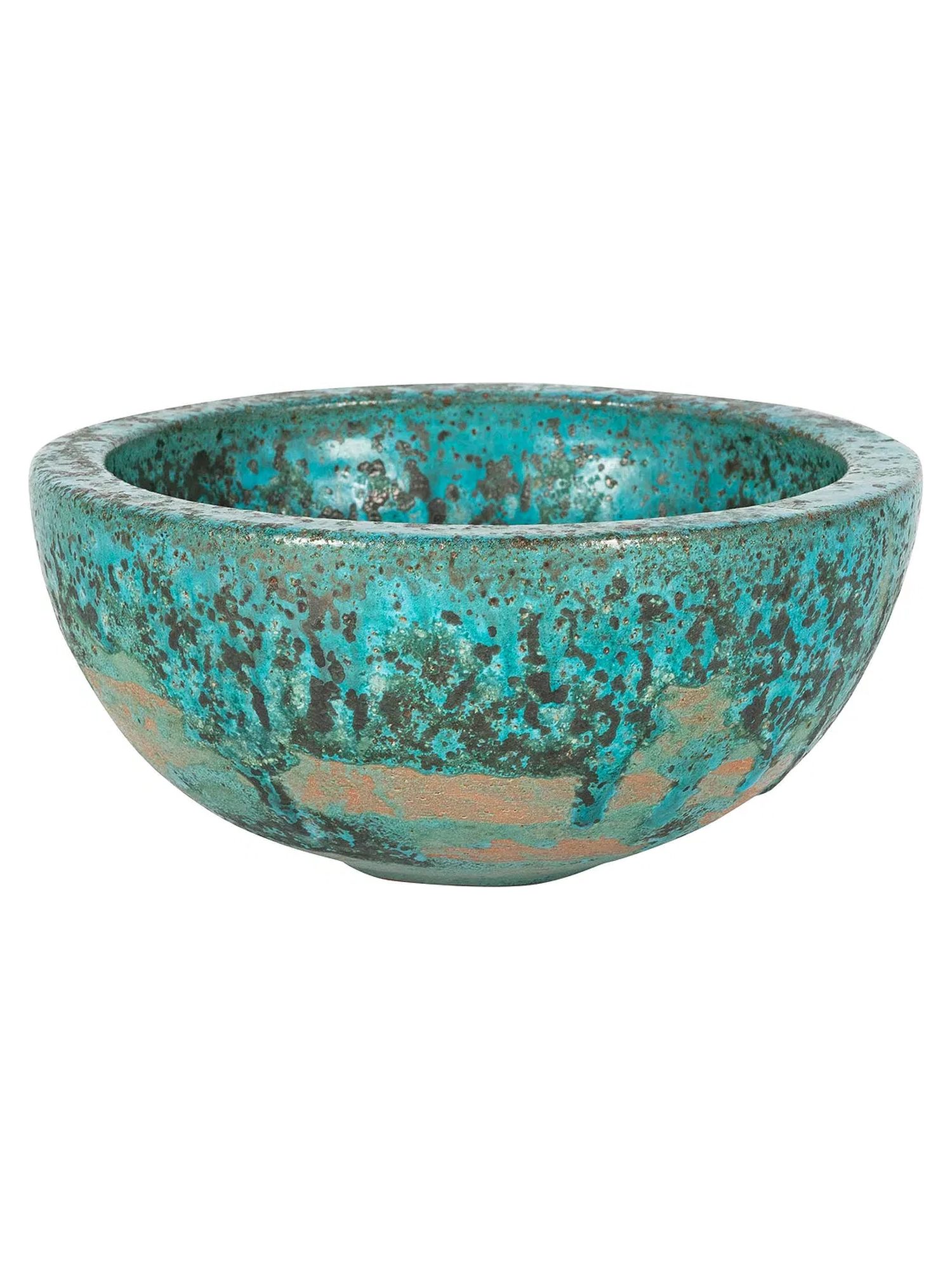 A Natzler ceramic bowl in a pitted turquoise volcanic glaze