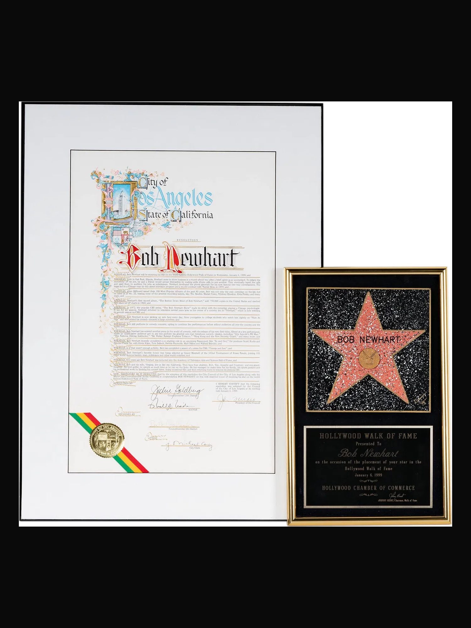 Bob Newhart's Hollywood Walk of Fame plaque beside a City of Los Angeles resolution