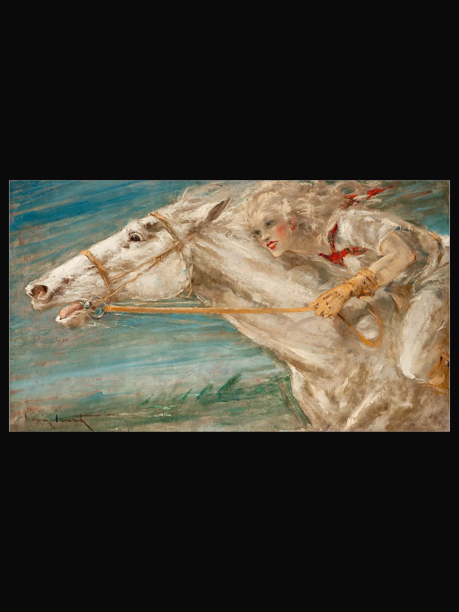A painting of a woman riding a white horse at speed, signed lower left