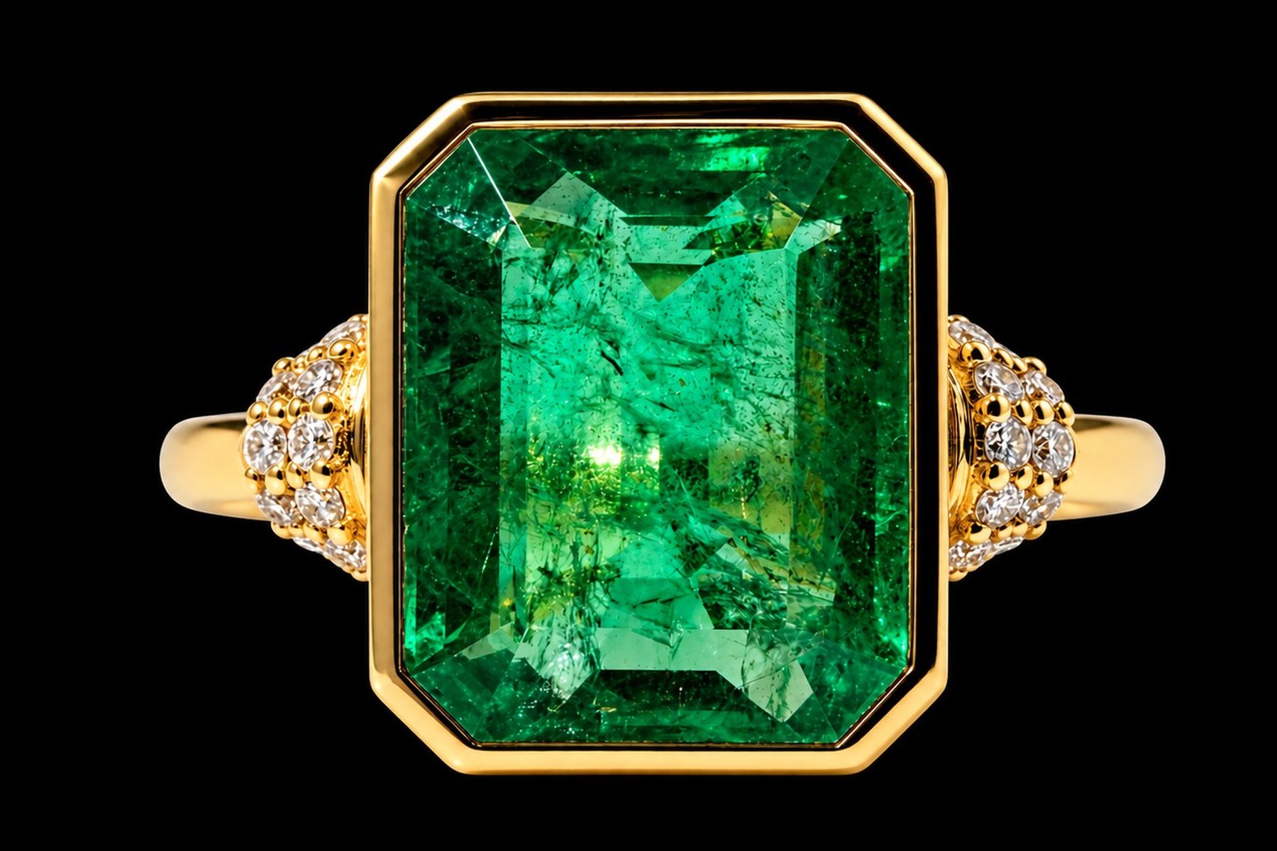 An emerald-cut emerald and diamond ring in eighteen karat yellow gold
