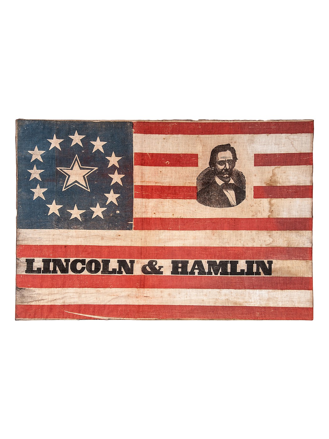 An 1860 campaign flag printed LINCOLN & HAMLIN, with a portrait of Lincoln across the stripes and a great-star canton