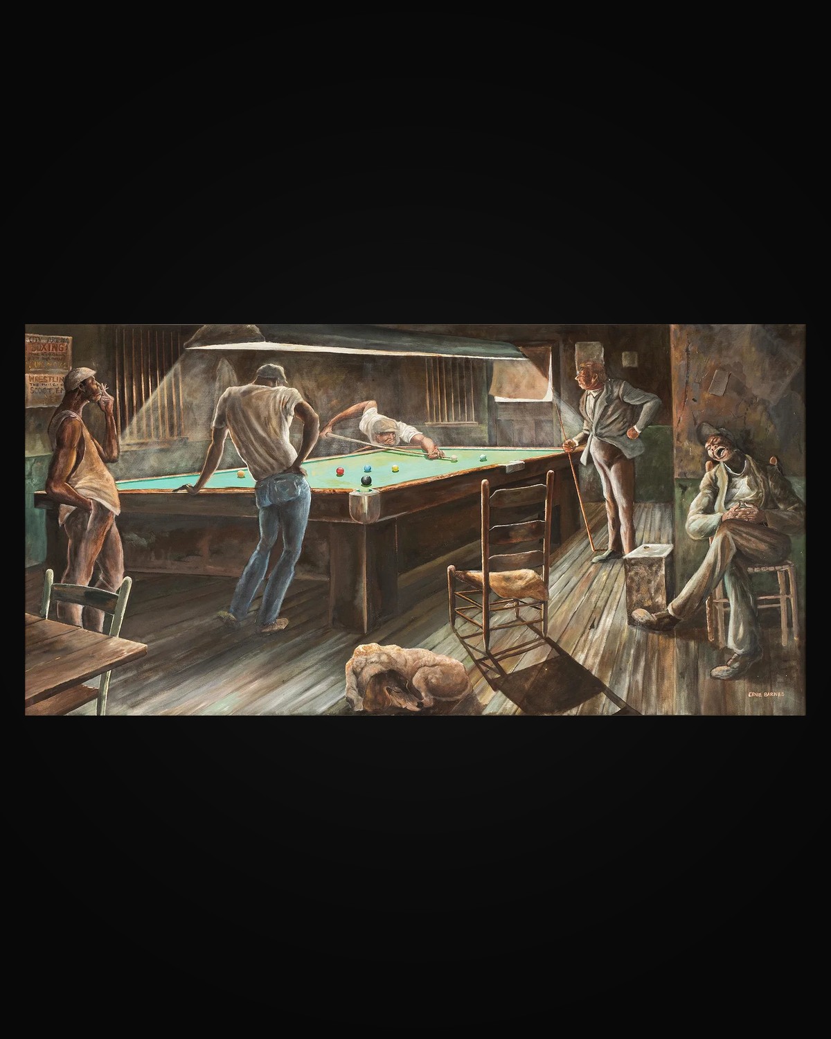 Ernie Barnes, Pool Hall — figures around a pool table in a wood-floored hall