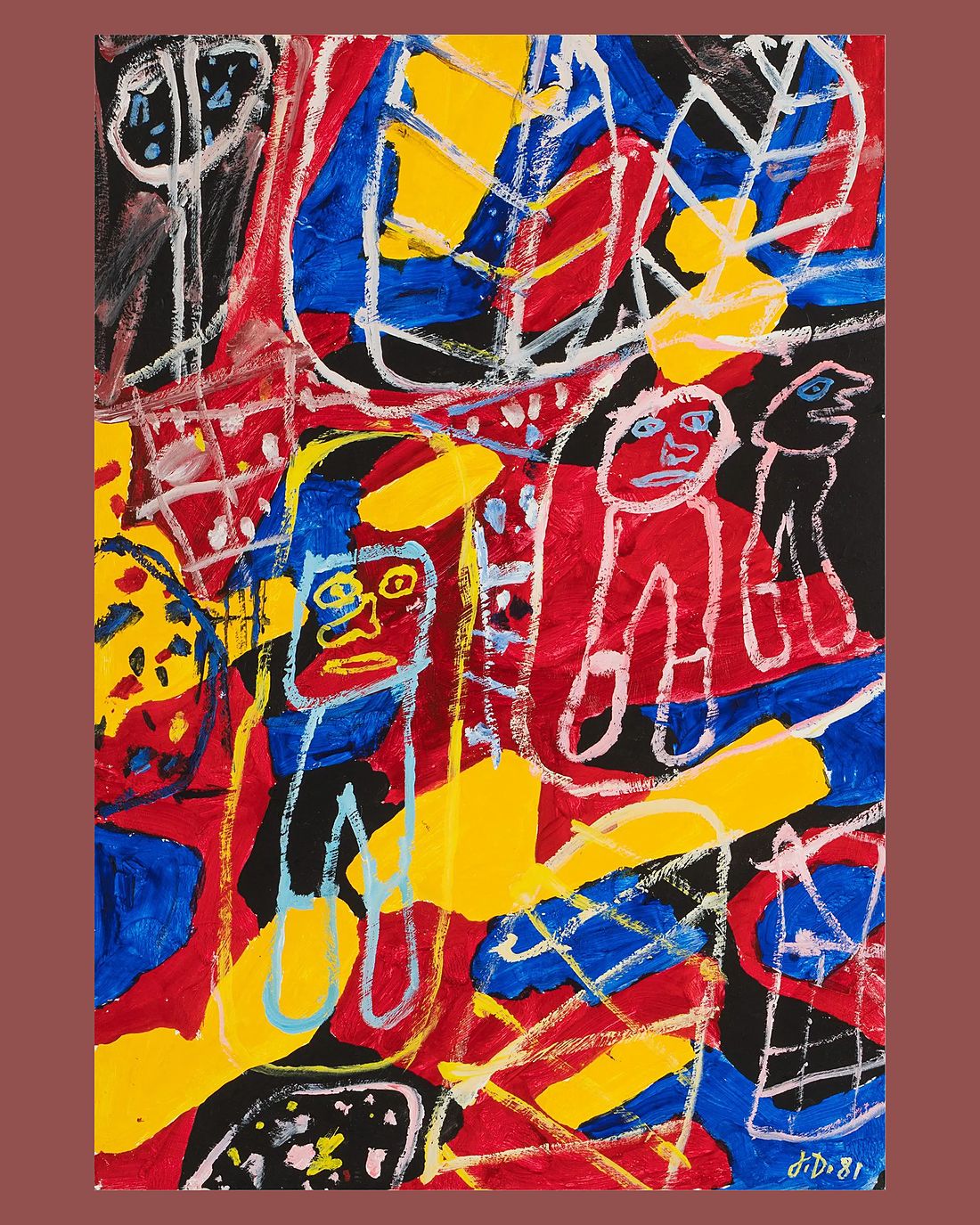 A Dubuffet painting of three figures among red, blue, yellow and black fields, signed and dated 81