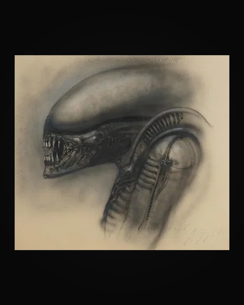 An H.R. Giger drawing of the Alien, dedicated to Gordon Carroll