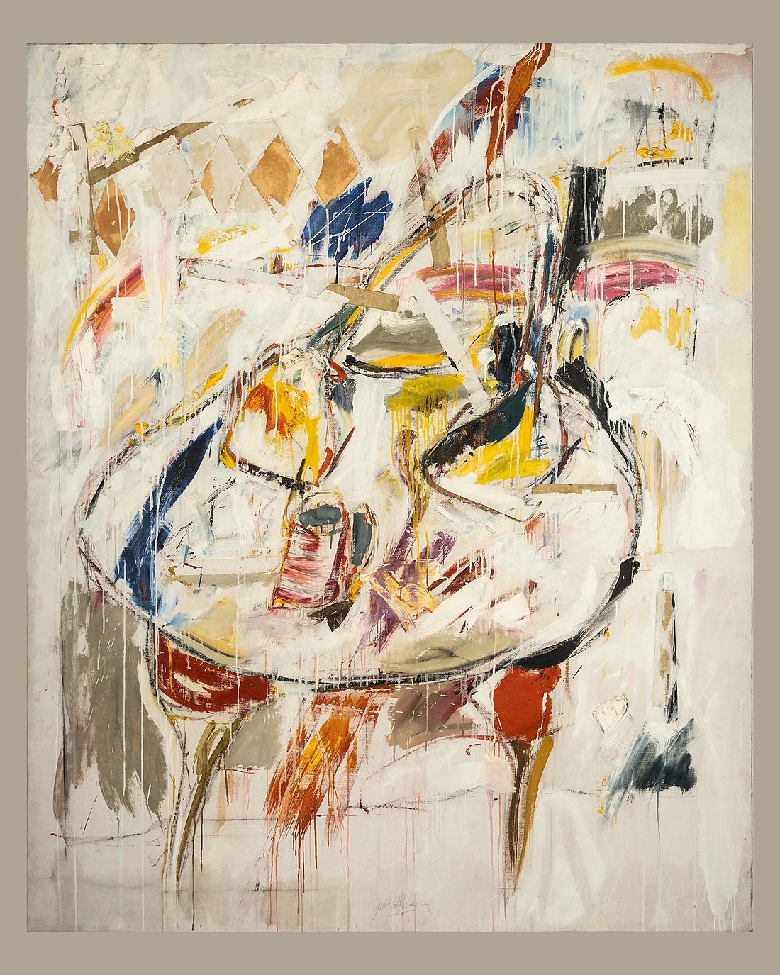 An abstract painting in white, ochre, blue and red with drips running down the canvas, signed lower centre