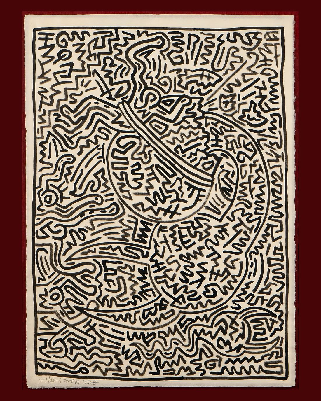 A Keith Haring ink drawing of interlocking figures and marks, signed and dated June 29 1988