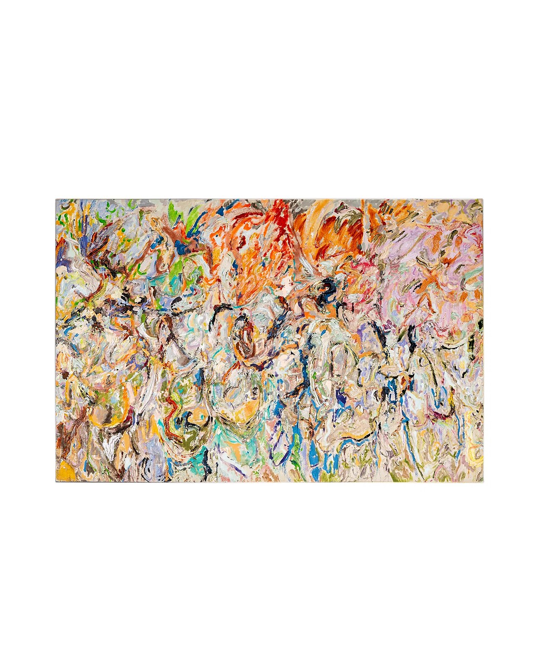 A thickly impastoed abstract painting in orange, pink, blue and cream
