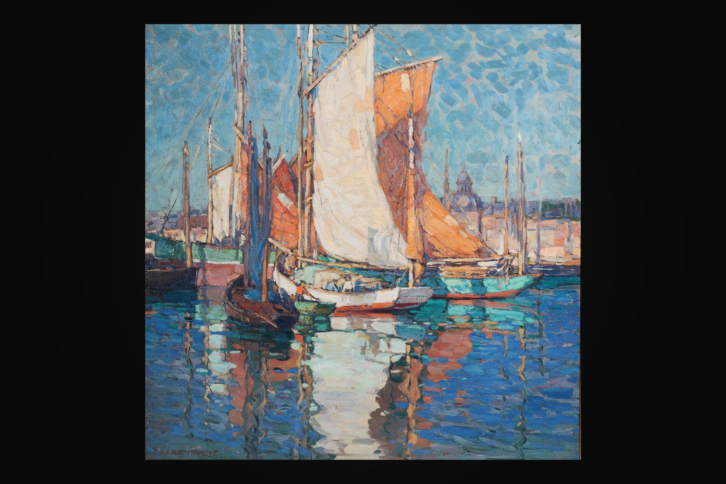 Edgar Payne, Tuna Boats — an oil painting of fishing boats with orange and white sails moored in a harbour