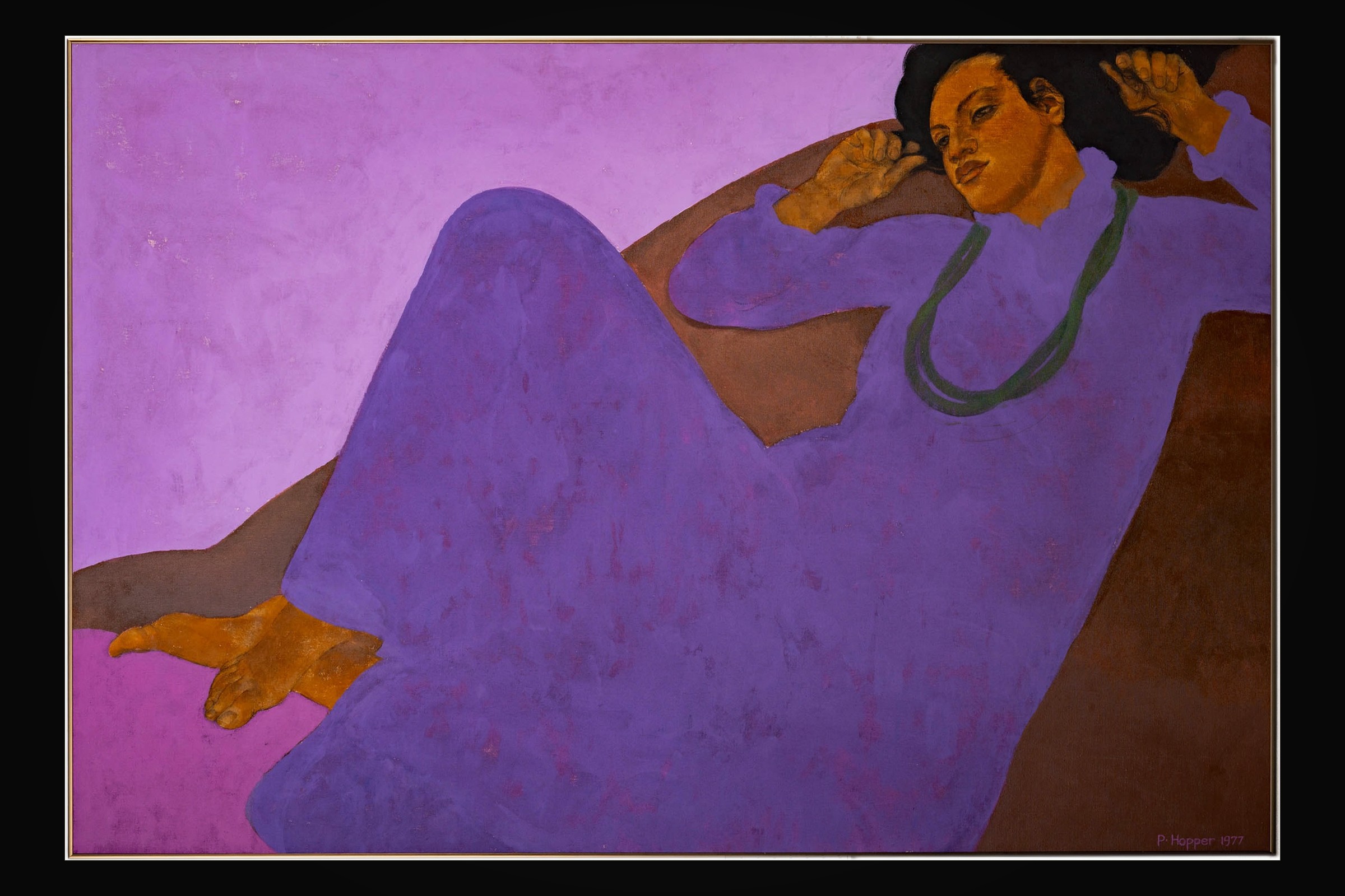 Pegge Hopper, 1977 — a painting of a reclining woman in a violet dress against a lilac ground