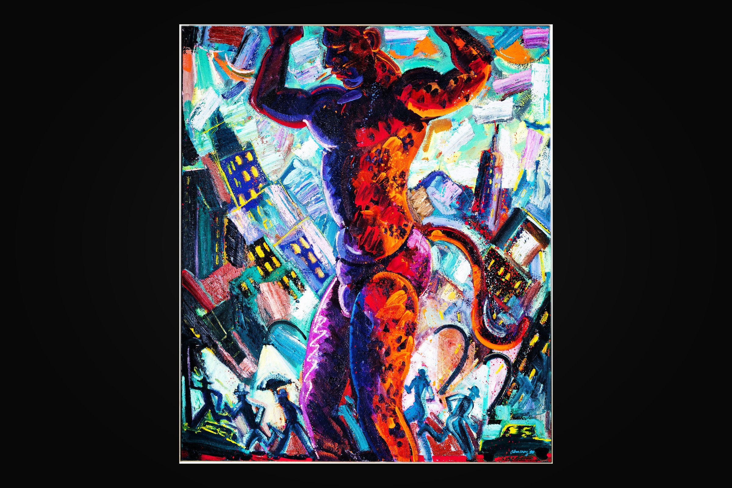 Carlos Almaraz, City Jaguar — an oil painting of a jaguar striding through a city of skyscrapers in orange, red and turquoise
