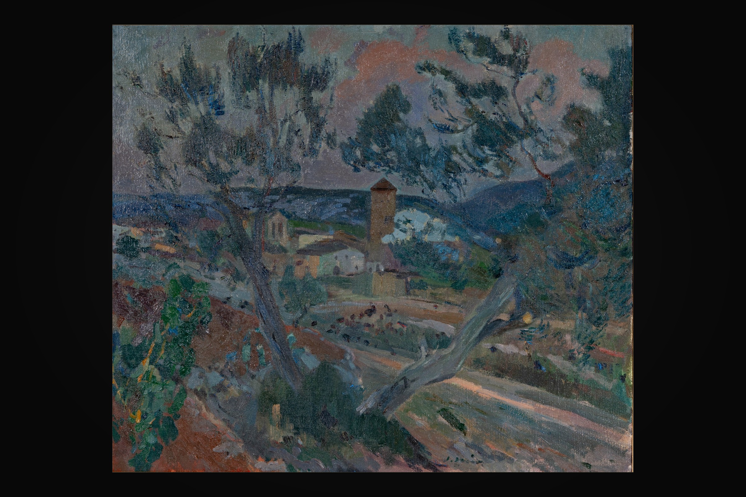 An impressionist oil landscape of a hill village with a square tower, seen through olive trees