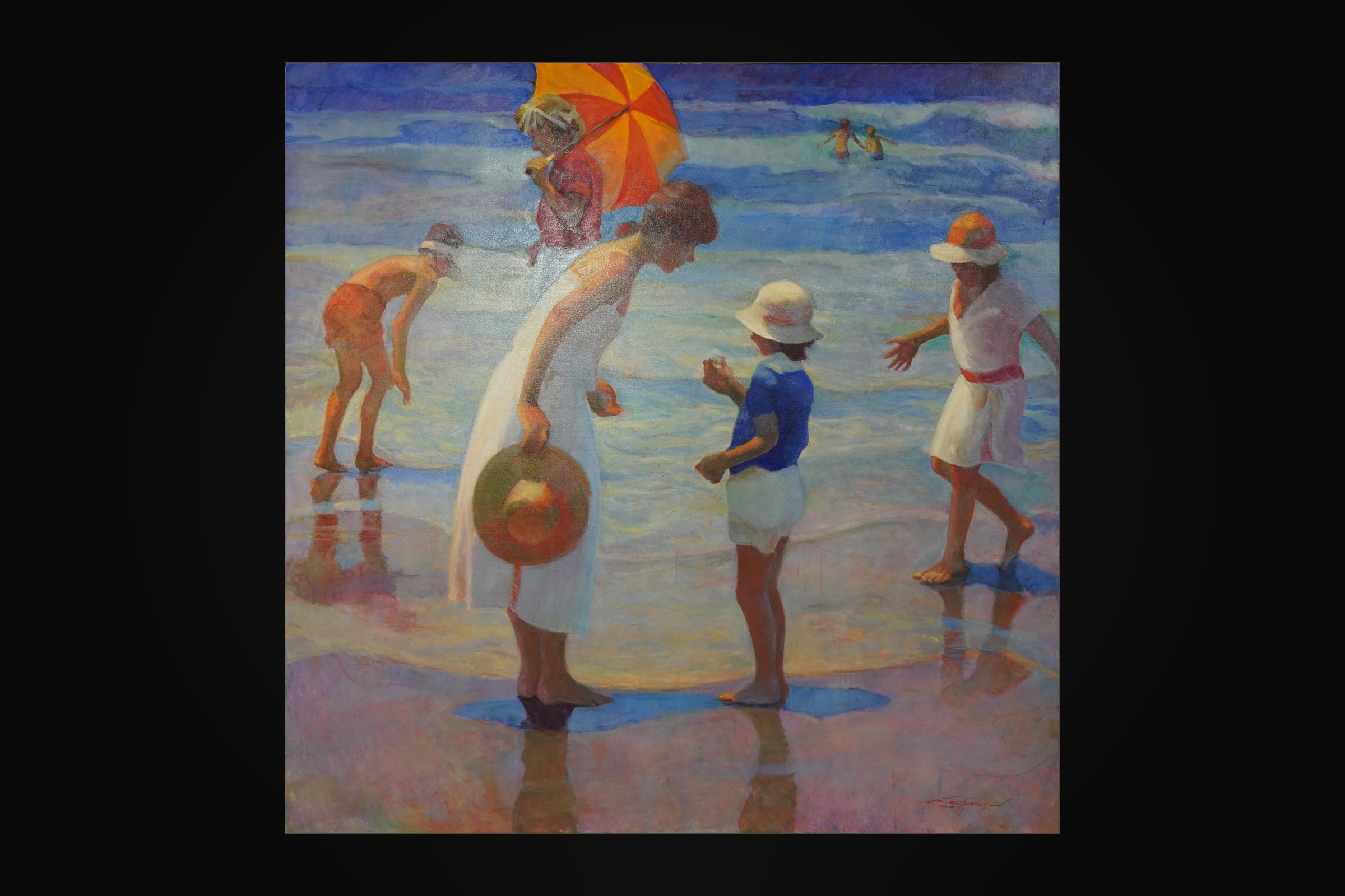 An oil painting of a beach at the water's edge: a woman in a white dress bends toward a child in a blue top and white hat, with a figure under an orange parasol and bathers in the surf beyond