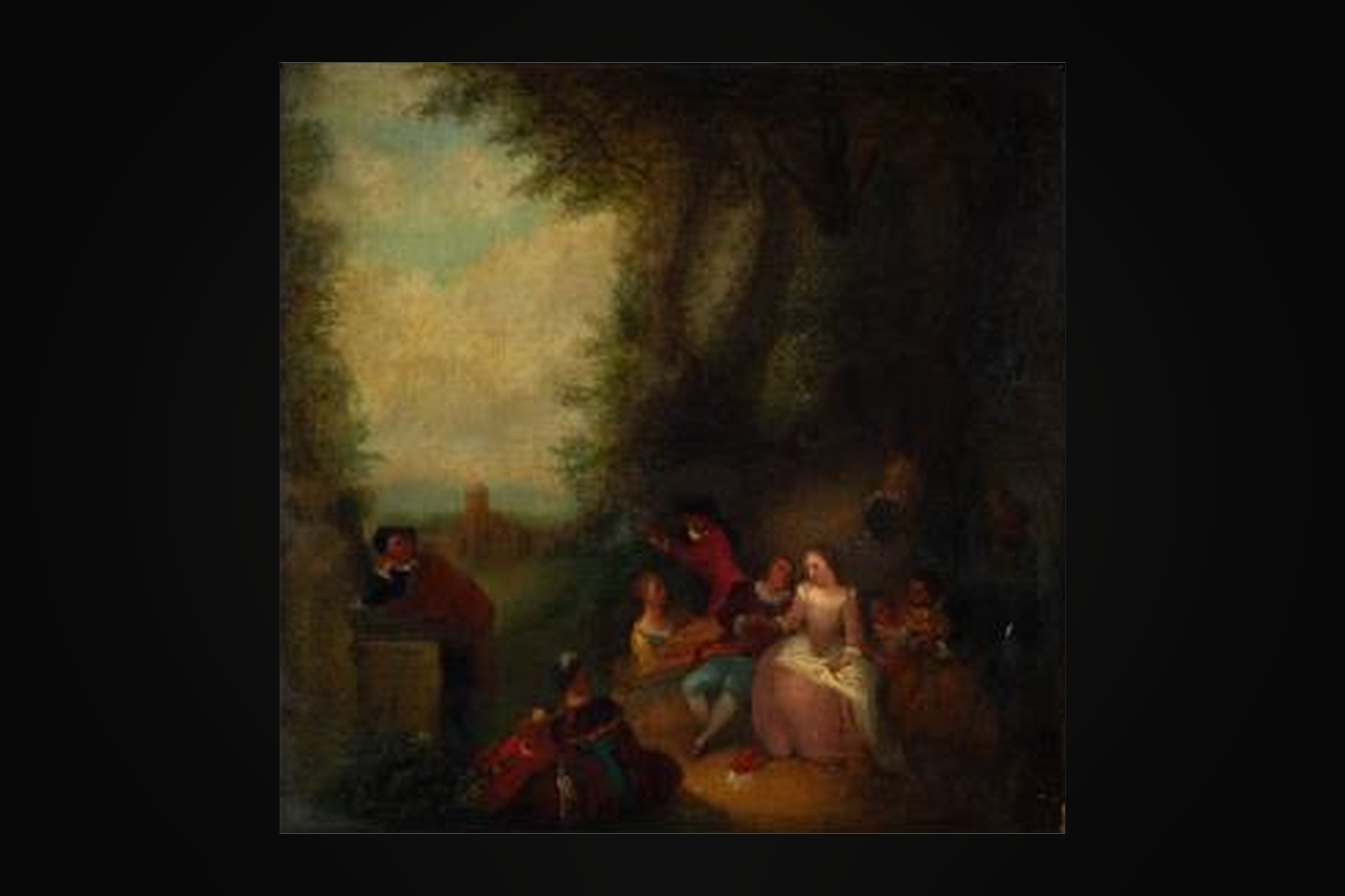 An oil painting of an outdoor gathering beneath the trees, with musicians and a woman in a rose and cream dress at the centre