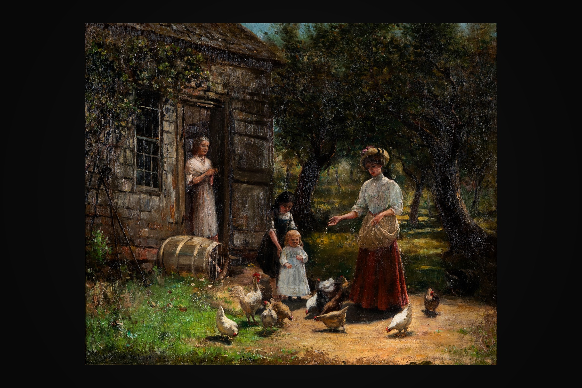 An oil painting of women and children feeding chickens outside a cottage, from the September sale