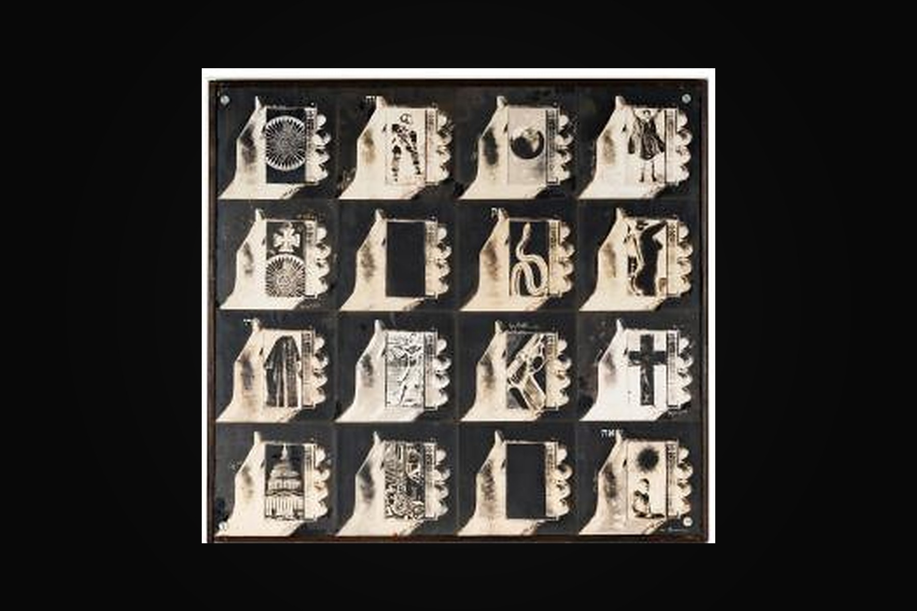 Wallace Berman, Untitled — a framed grid of sixteen Verifax collage panels in black and white
