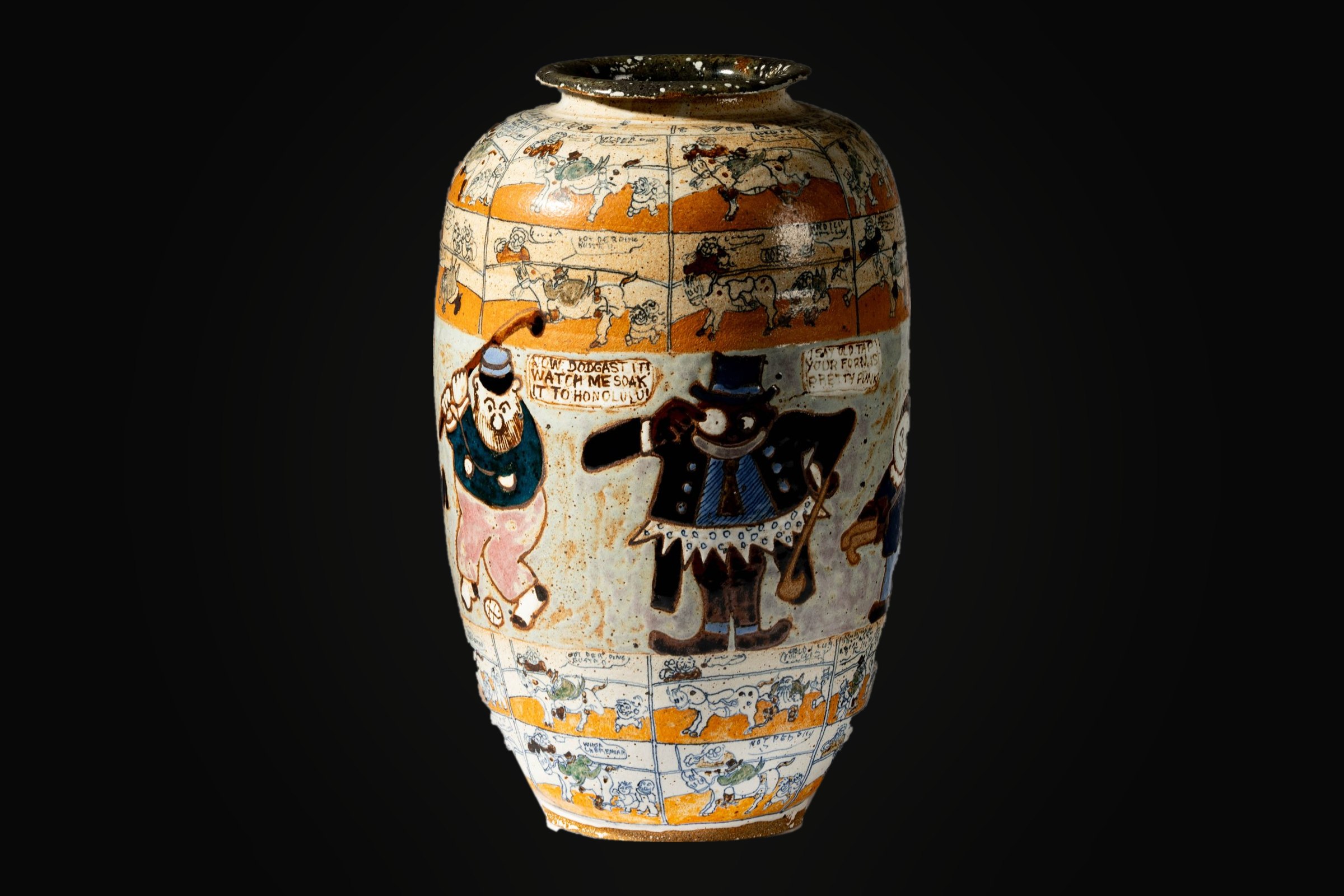 A glazed stoneware vase painted with bands of early newspaper comic-strip panels and cartoon characters, on black