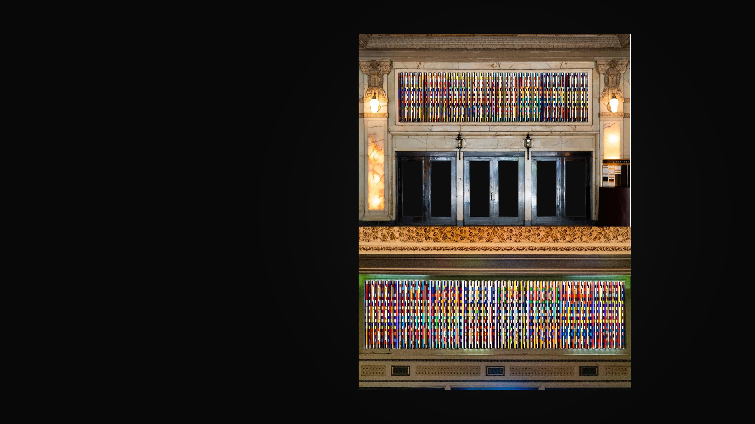 A stained glass installation by Yaacov Agam, removed from the Spreckels Theatre and now on public view