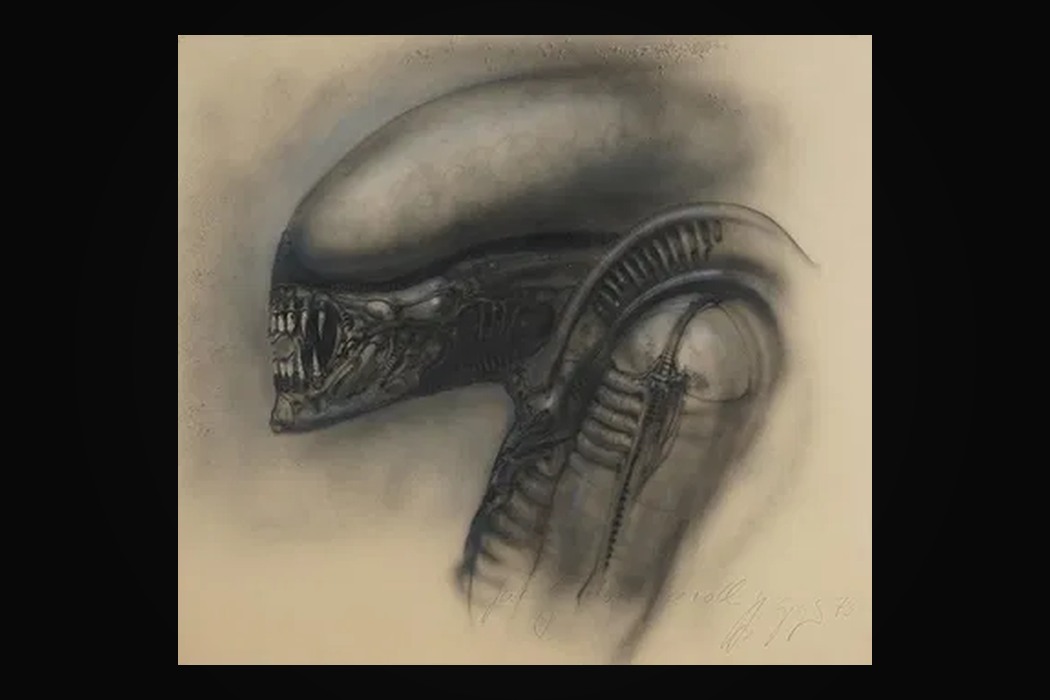 An H.R. Giger drawing of the Alien, dedicated to Gordon Carroll
