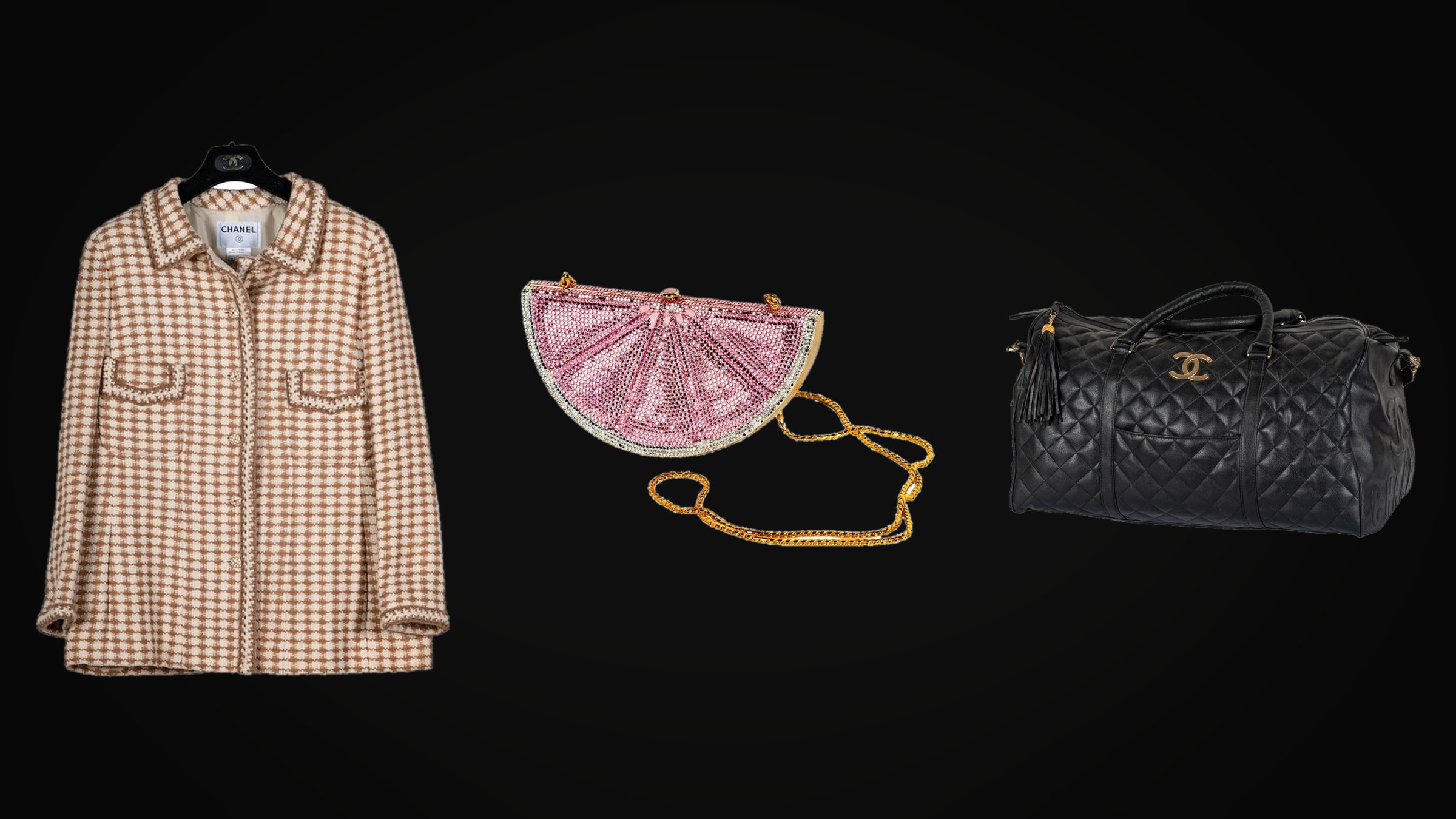 From the Parkes wardrobe: a Chanel houndstooth tweed jacket, a Judith Leiber pink lemon-slice minaudière and a quilted Chanel duffle, on black