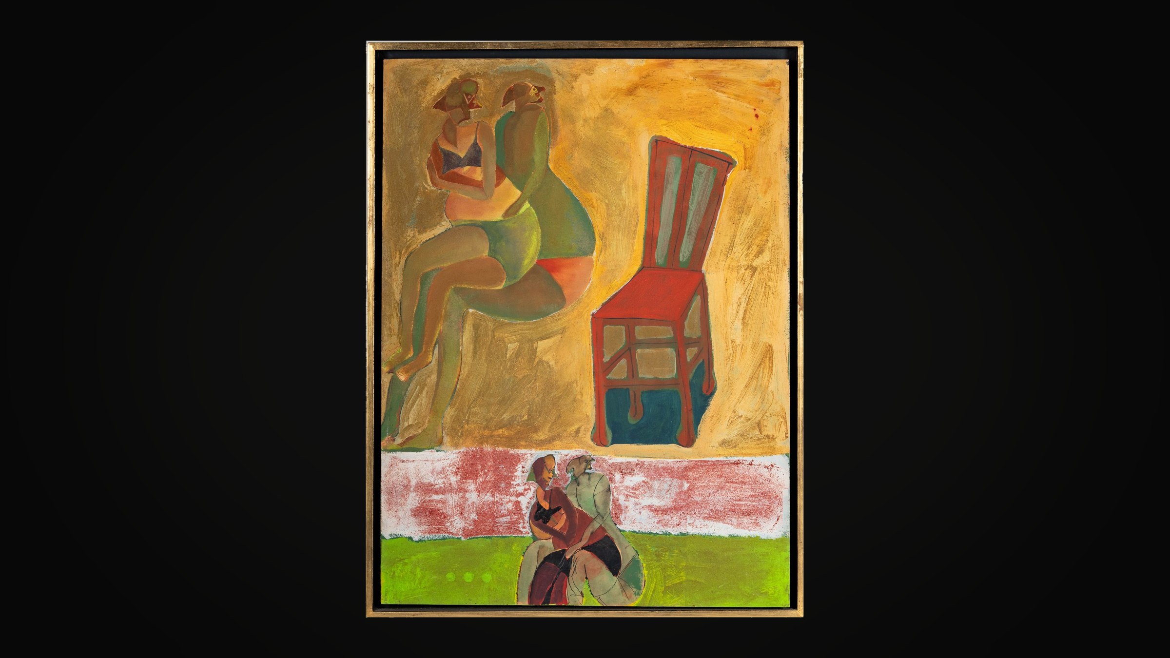 Francisco Toledo, Iropa, 1967 — two figures beside a red chair above two more figures on fields of red and green, in a gilt frame