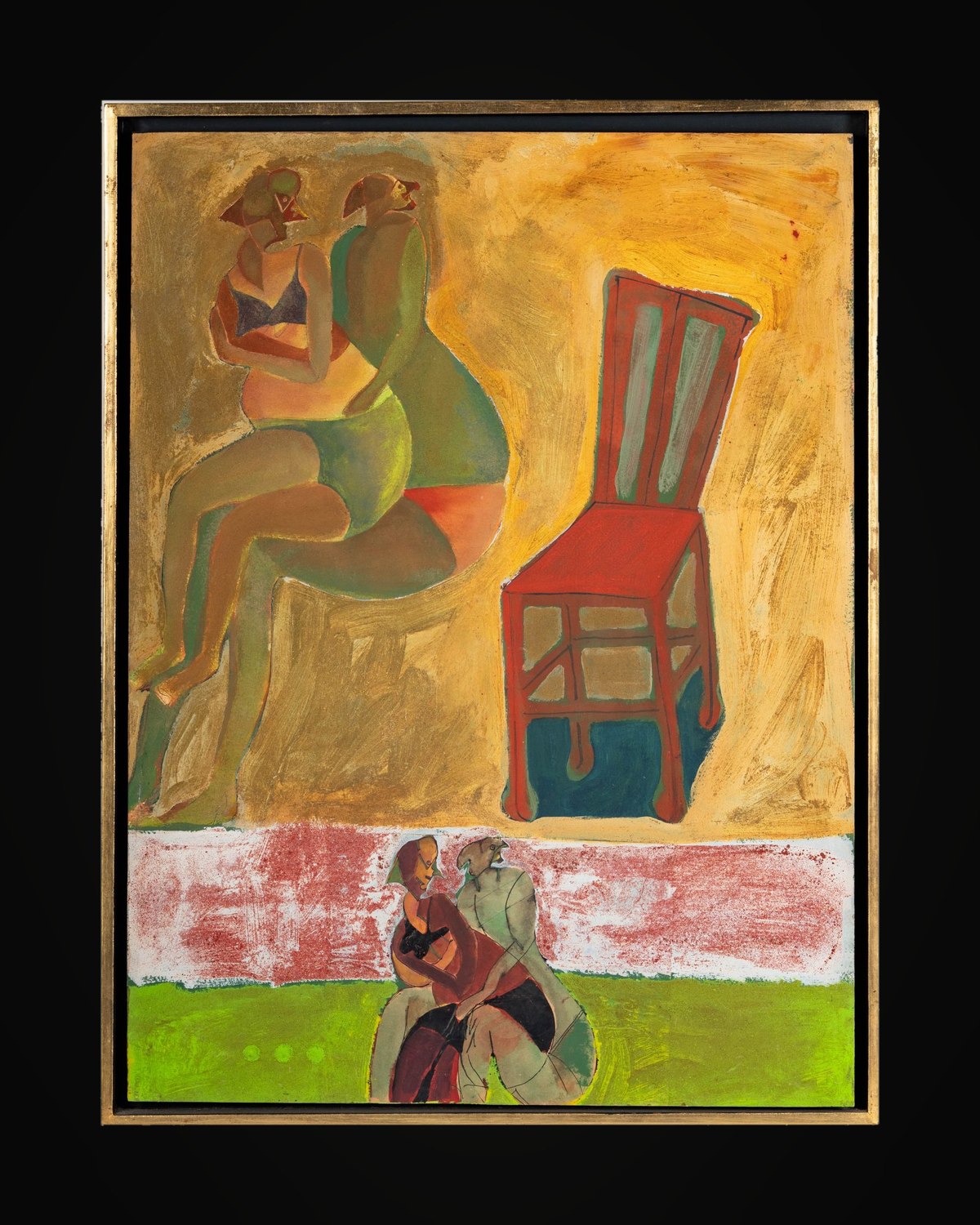Francisco Toledo, Iropa, 1967 — two figures beside a red chair above two more figures on fields of red and green, in a gilt frame